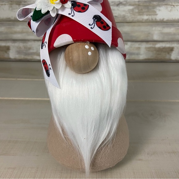 Mushroom Gnome Ladybug Bow Daisy Whimsical Red Tan Flannel White Faux Fur Decor - Picture 6 of 11